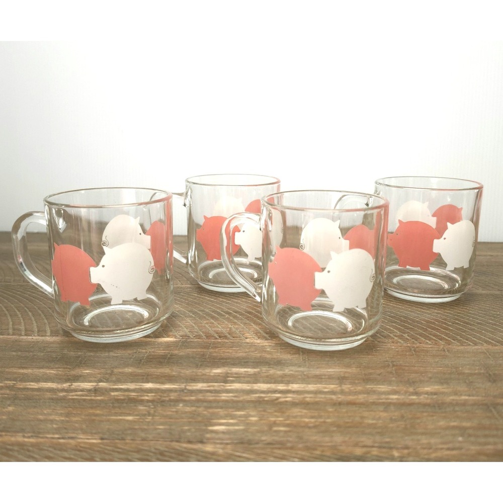 Set Of 4 Vintage 1980's Luminarc Pig Glass Mugs Pink White‎